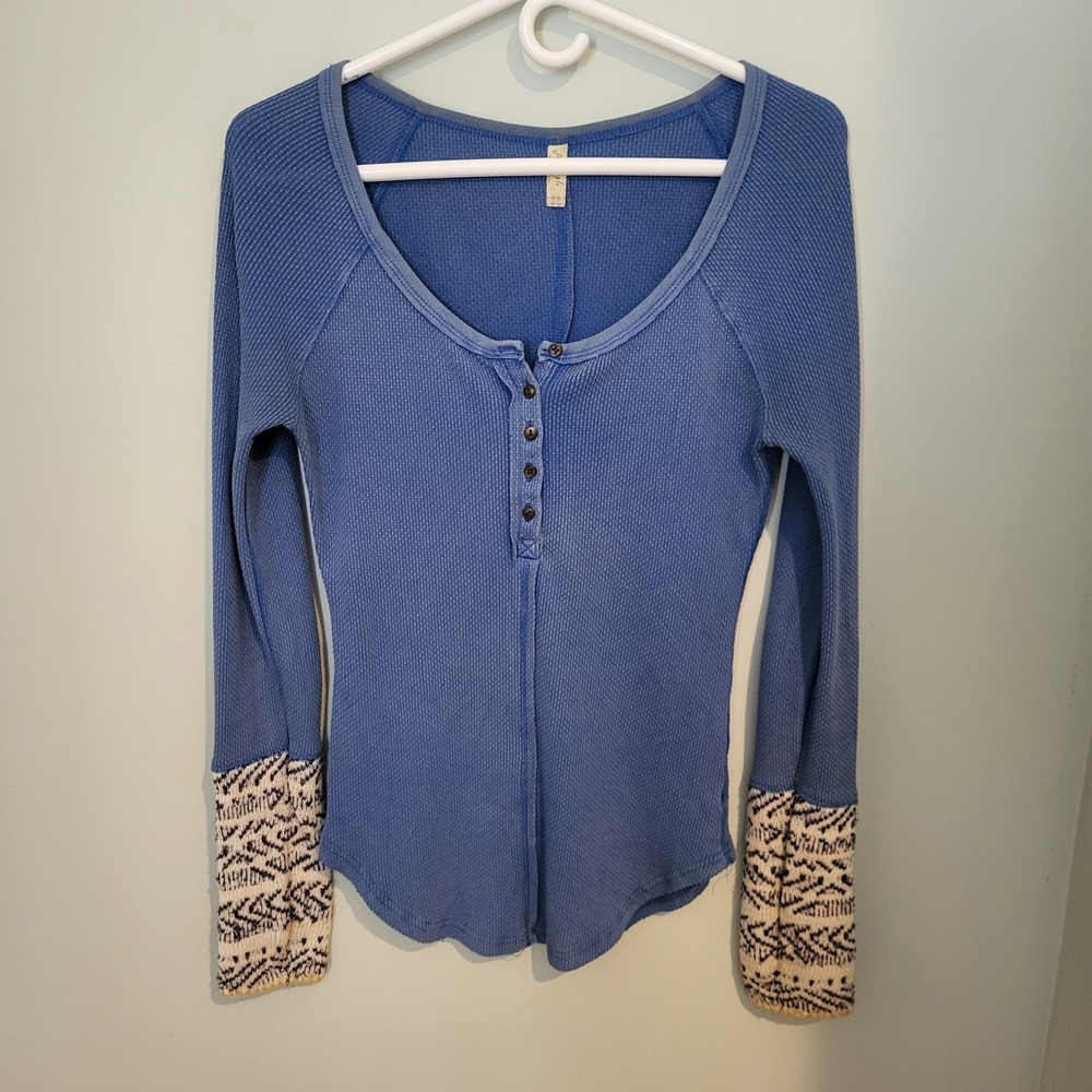 Free People Small Women Alpine Patterned Cuff Henley Knit Thermal Boho Blue